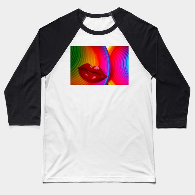 Red lips On Colorful Rings Baseball T-Shirt by photogarry